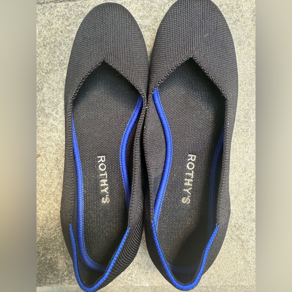 Rothy's Black Knit Flats with Blue Trim